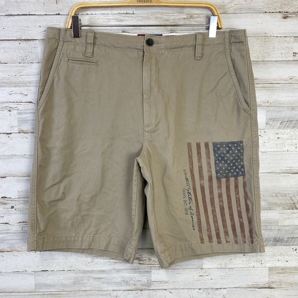 Chaps Other - Chaps Shorts Men 36 10" Beige Khaki Zip & Drawstring 100% Cotton American Flag